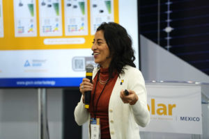 Marisol Oropeza presenting the topic "International certification and labeling of solar collectors" at the Intersolar Stage of Intersolar Mexico 2025